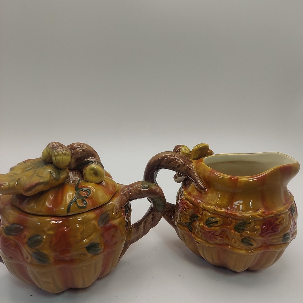 Fall Harvest Pumpkin Sugar Bowl Creamer Set Autumn Decor‎ Table Serving